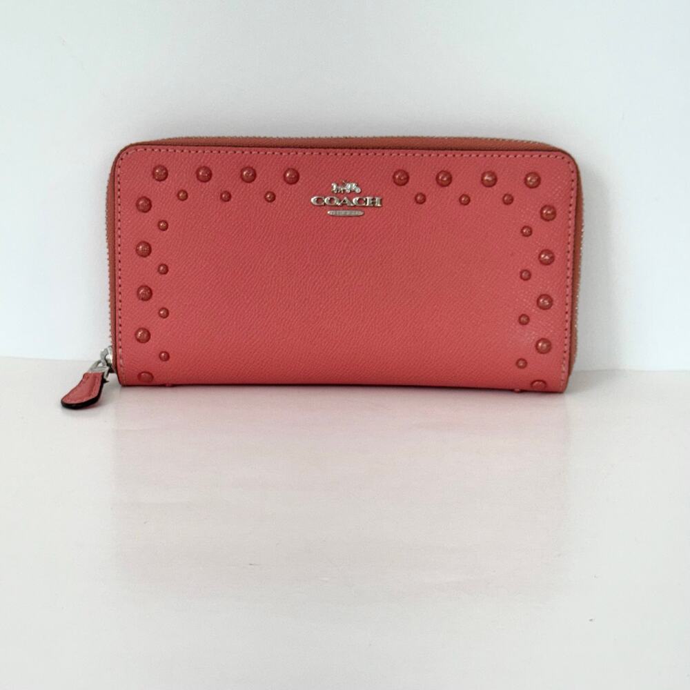 Coach Accordion Zip Around Leather Wallet Studded Embellished in Coral F55610 - Picture 2 of 11